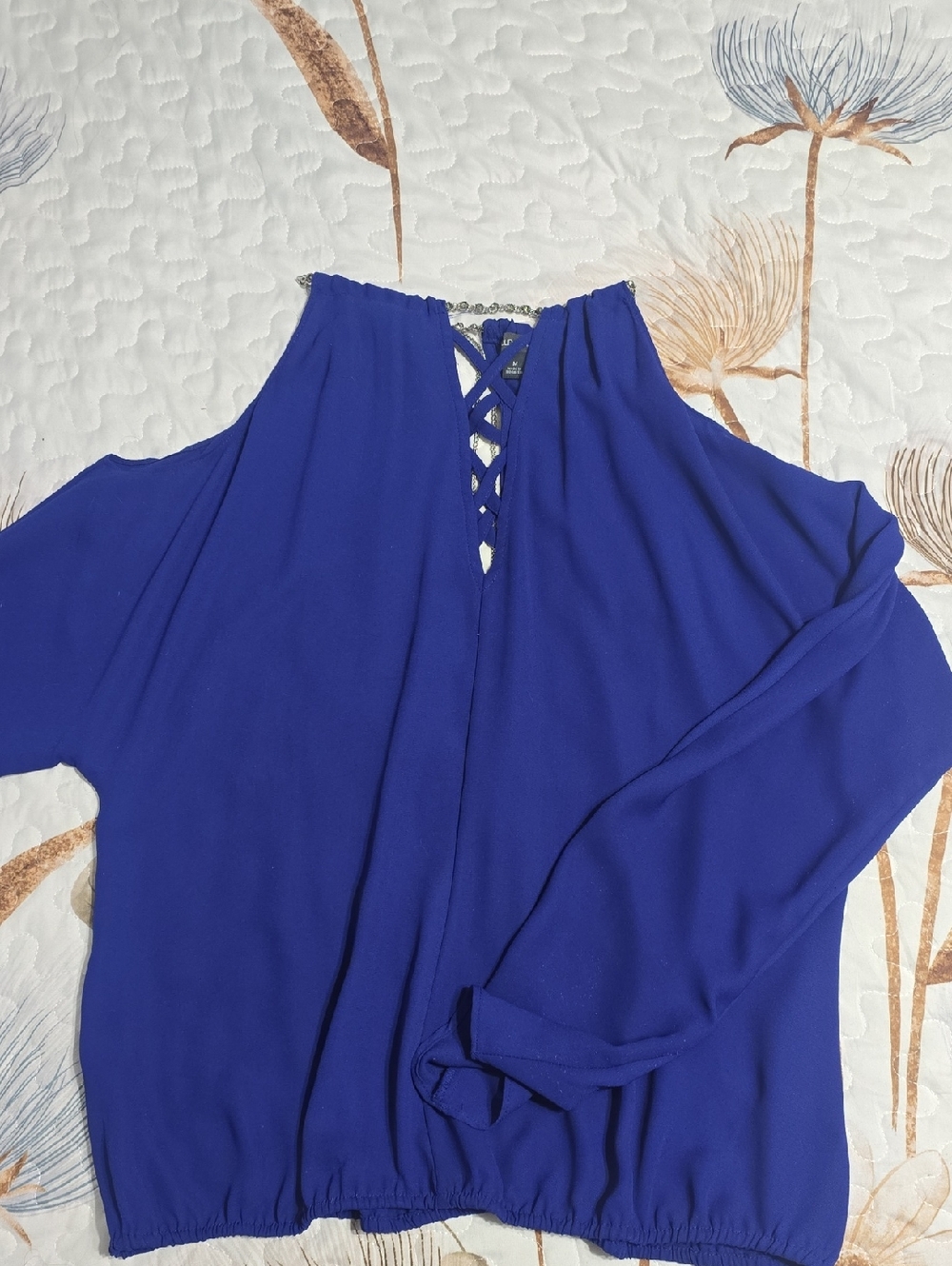 BOLD elements Royal Blue Cold-Shoulder Long Sleeve Top with Lace-Up Back